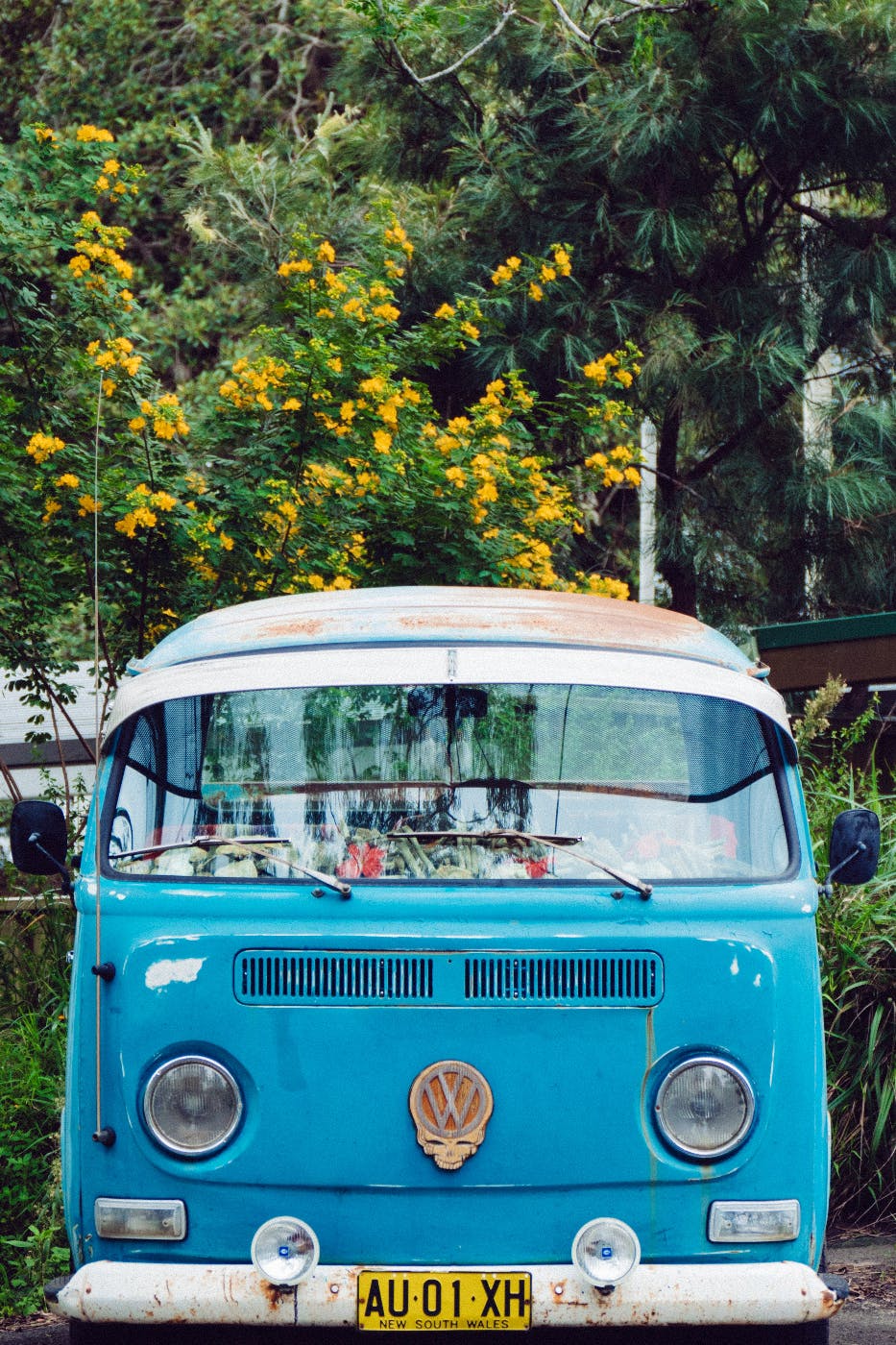 An original VW microbus with a DeadHead VW emblem