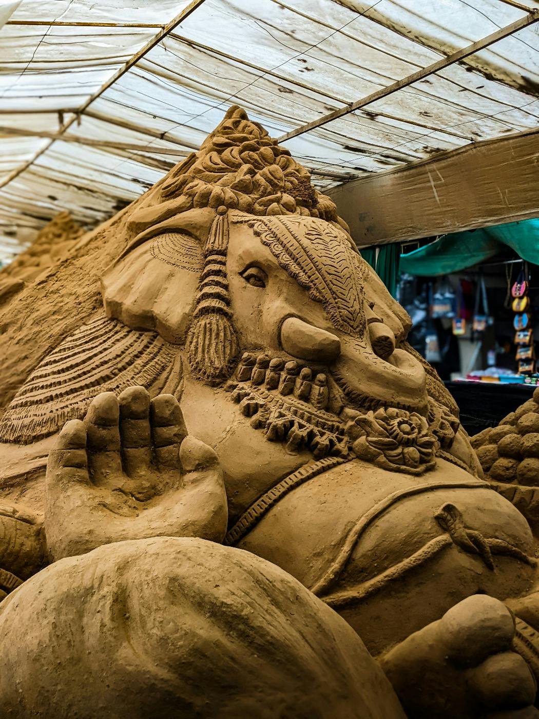 A sand sculpture of Ganesha