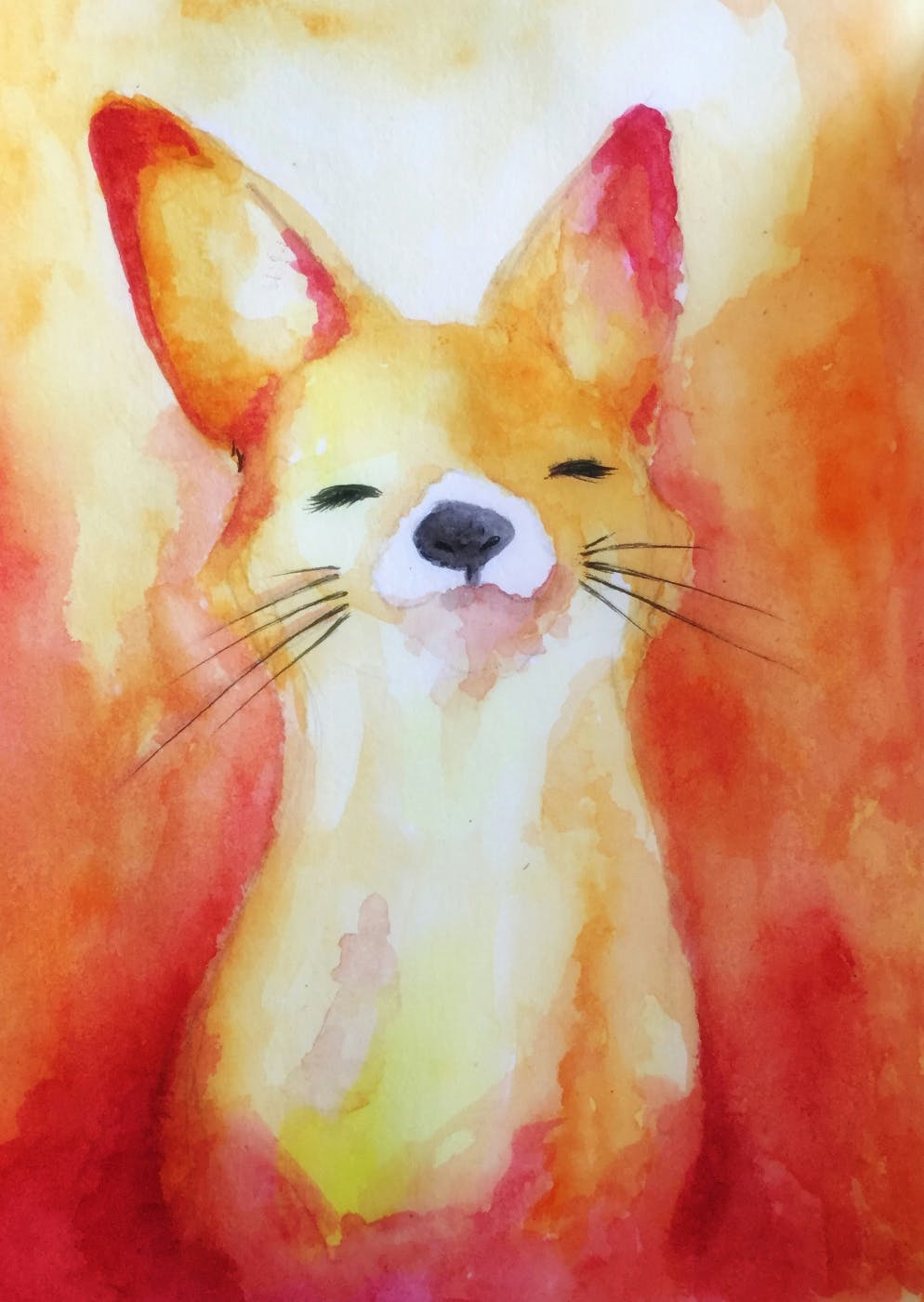 A watercolor painting of a happy fox