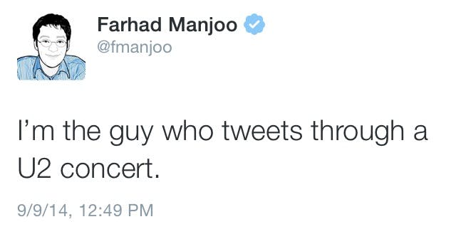 Farhad Manjoo tweeting about U2