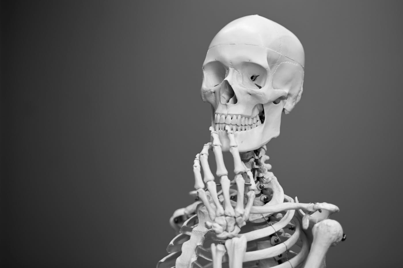 A human skeleton with one hand on its chin as if thinking