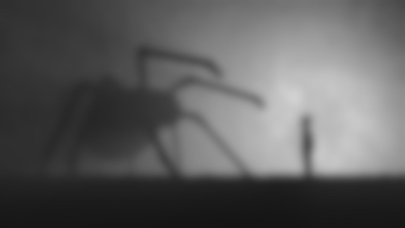 A foggy image of a person standing before a giant spider