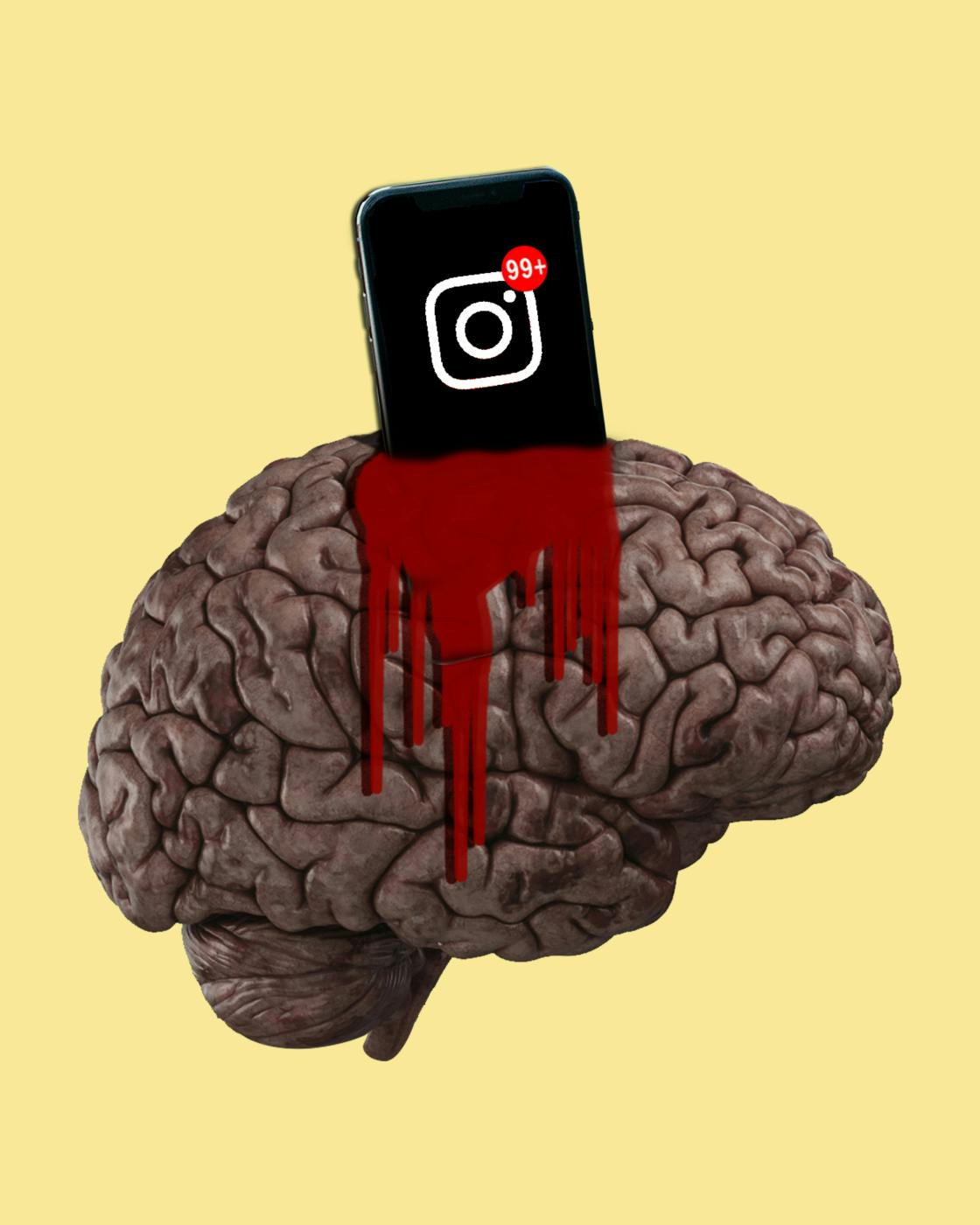 A smartphone with the TikTok logo on screen jammed into the top of a bleeding brain