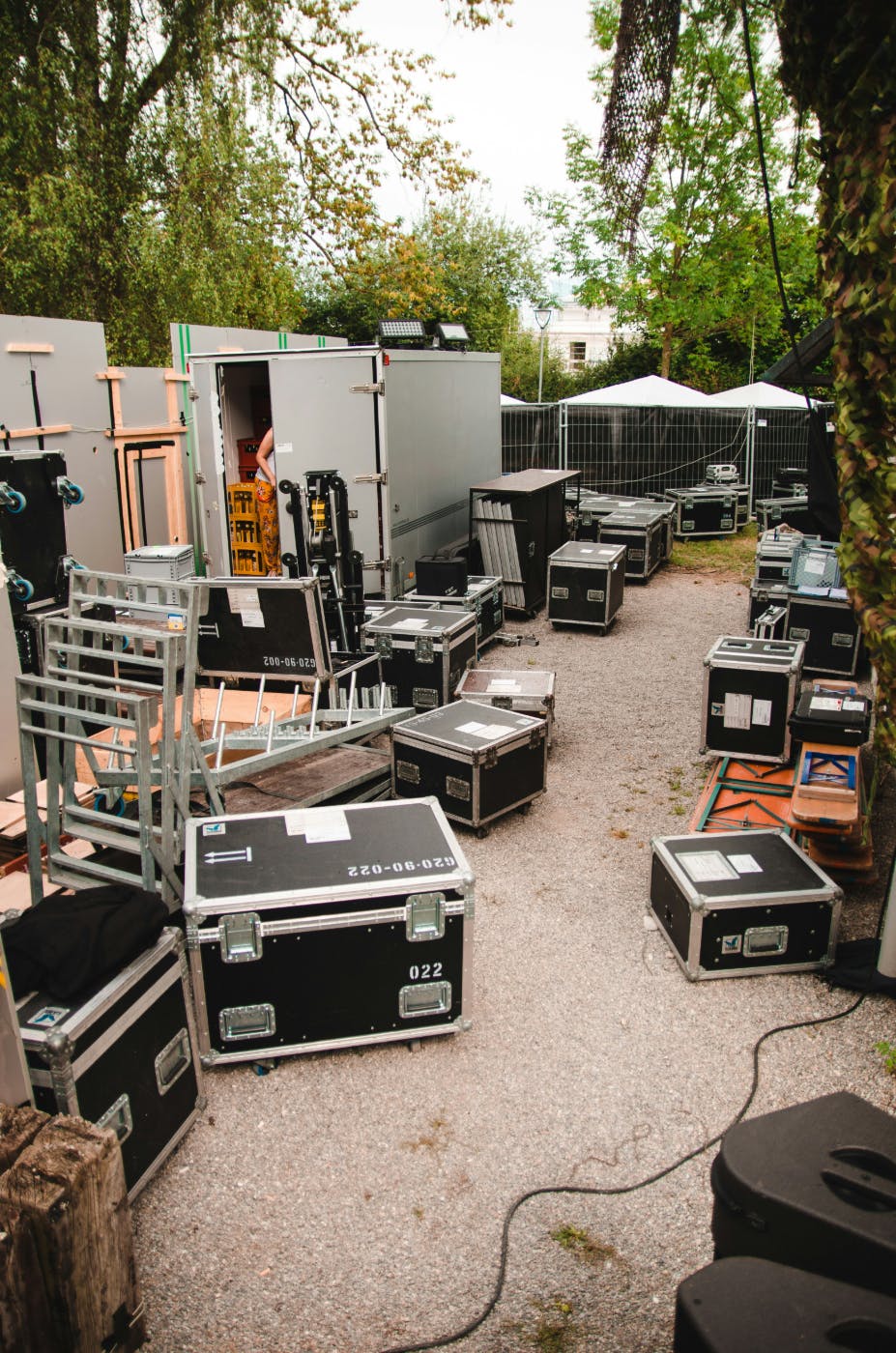 Base camp of a film with camera and electrics boxes