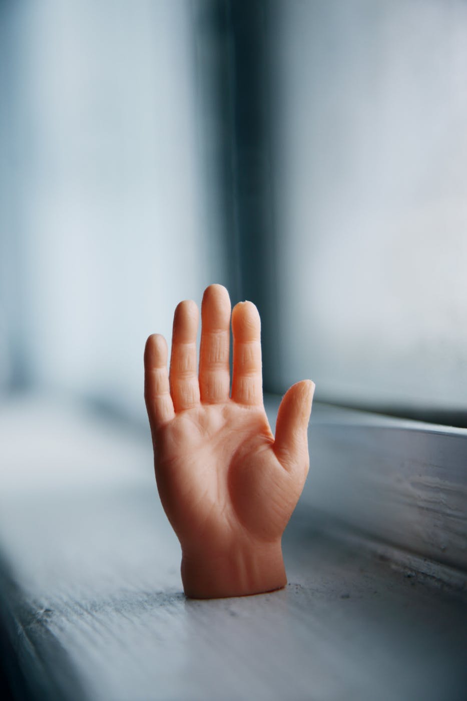 A fake human hand sitting on a window sill