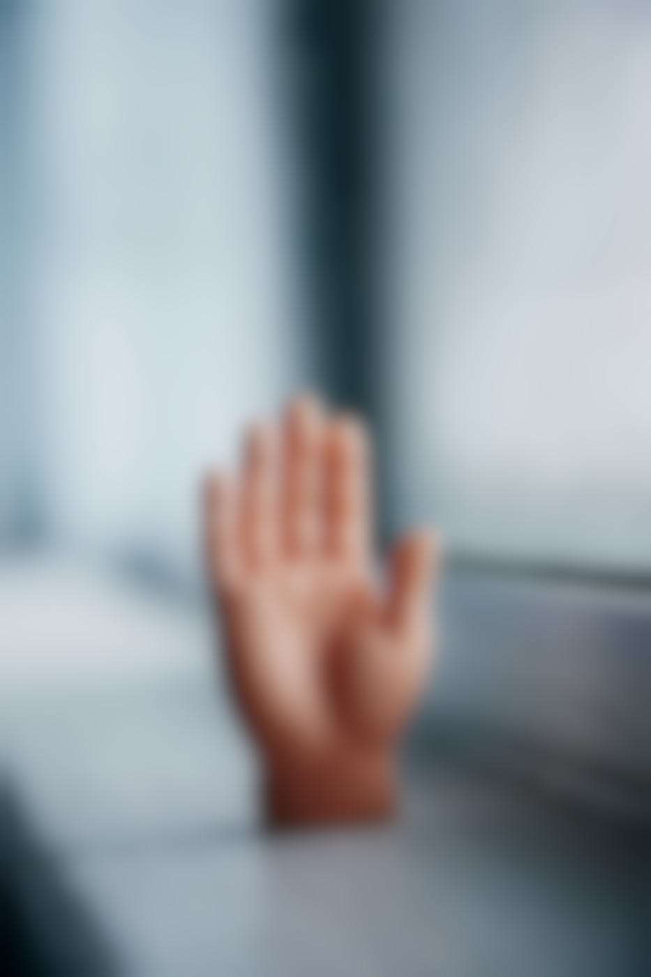 A fake human hand sitting on a window sill