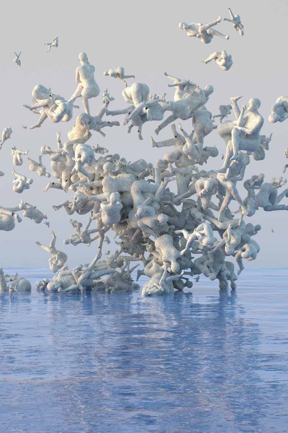 Hundreds of white carved people tumbling in chair over water