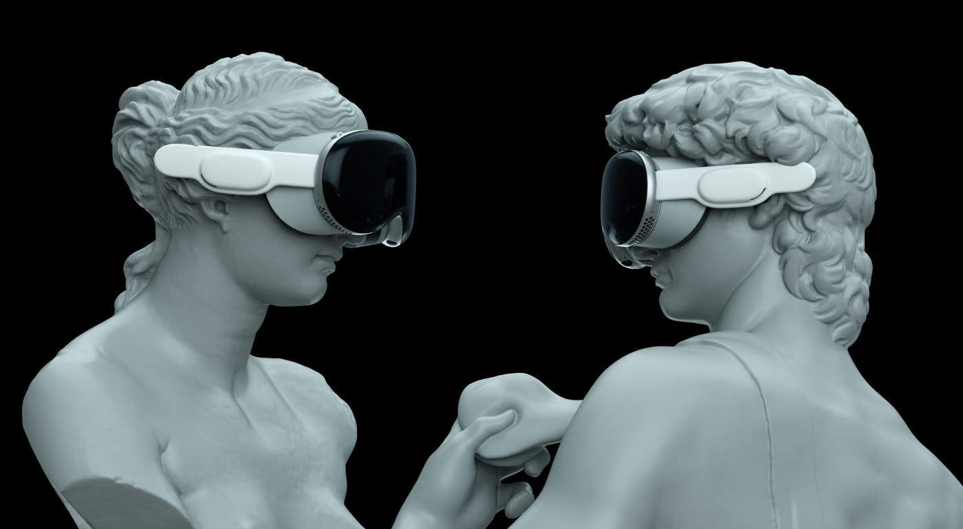 A male and female ancient Greek style statues, wearing AI glasses