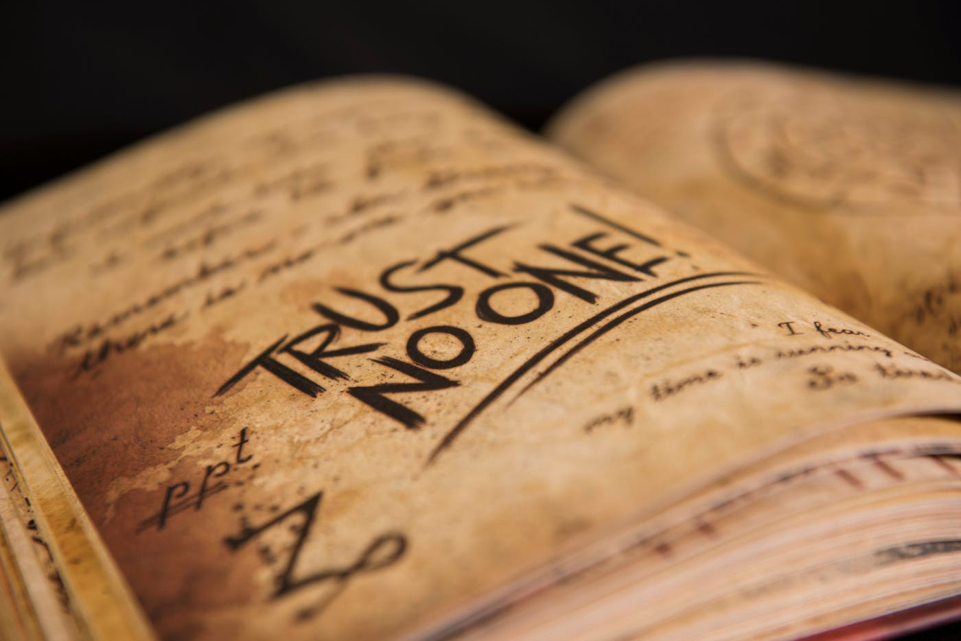 An open book with the words Trust No One in large letters
