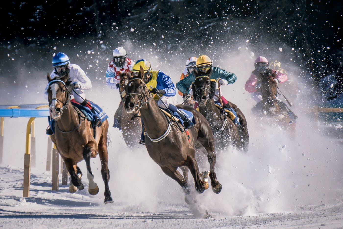A horse race with the horses rounding a turn