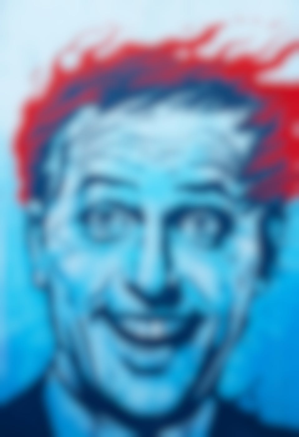 A saturated blue portrait of a man with burning hair