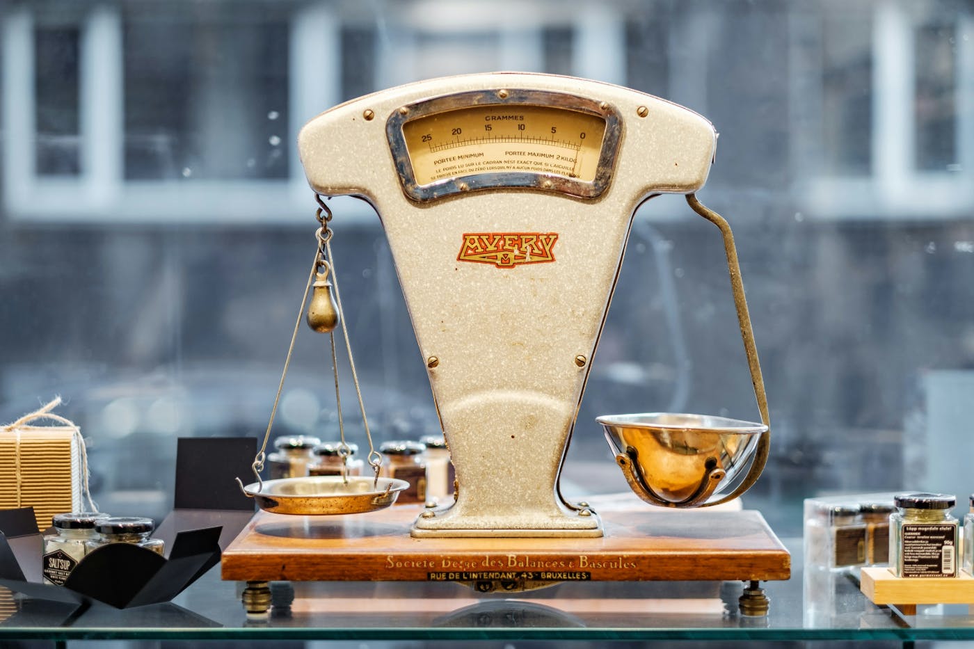 An antique scale in a shop window