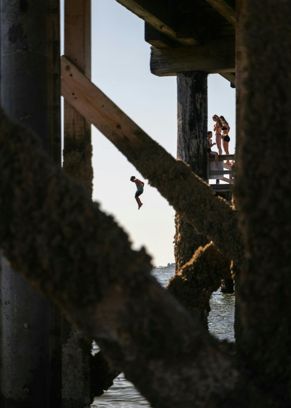 A shot from under a pier of kids jumping off a dock