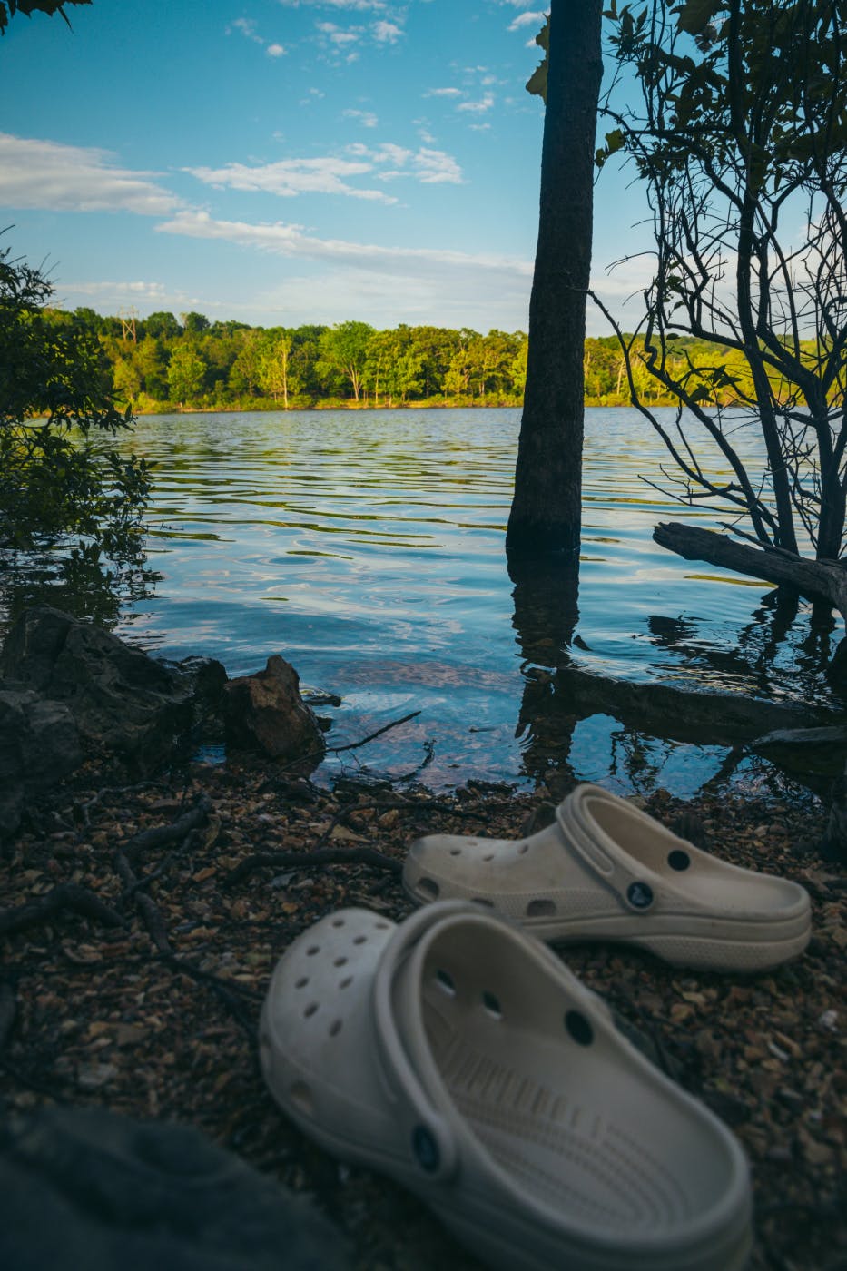 A pair of worn white Crocs by a pond