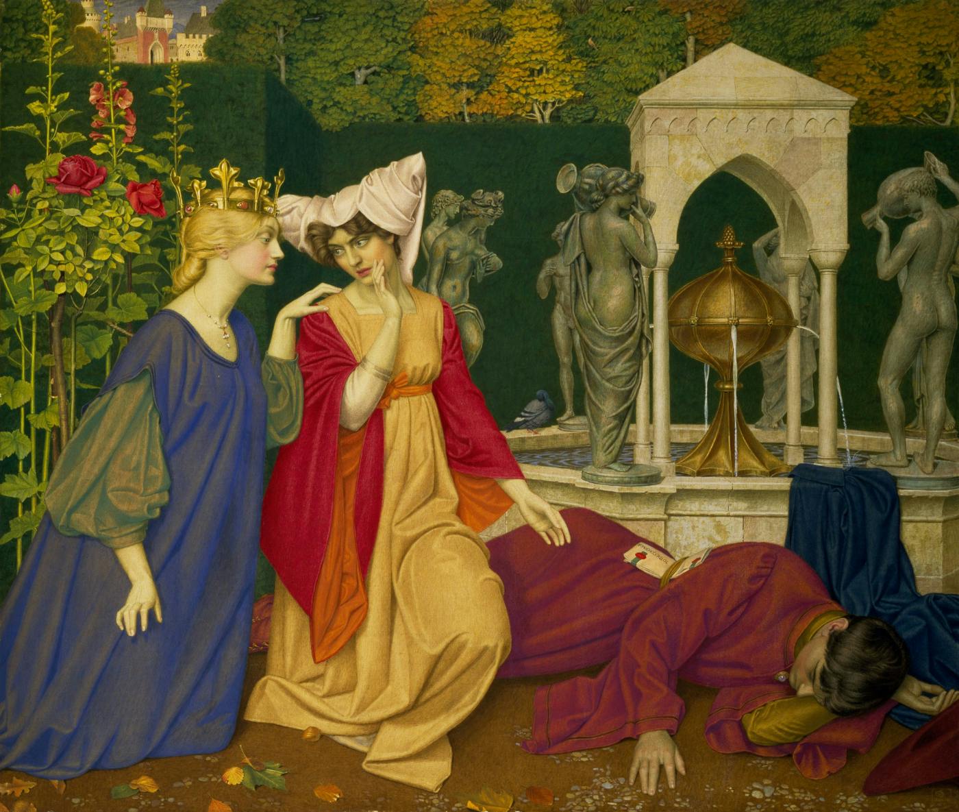 A baroque painting of a Queen and her lady whispering over a sleeping man