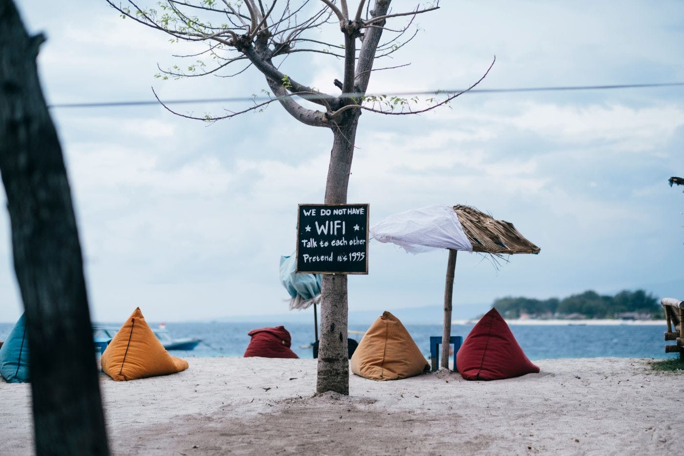 Sleeping bags on a beach and a tree with a sign reading "We have no wi-fi, talk to each other, pretend it's 1995