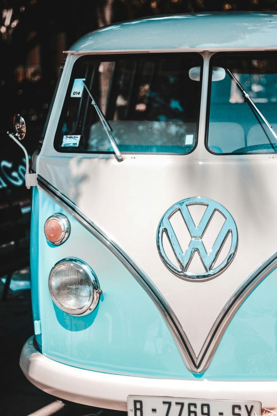 A blue and white VW microbus