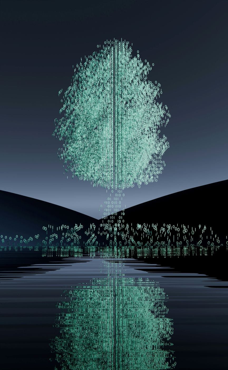 A tree over water, the tree is made up of binary code