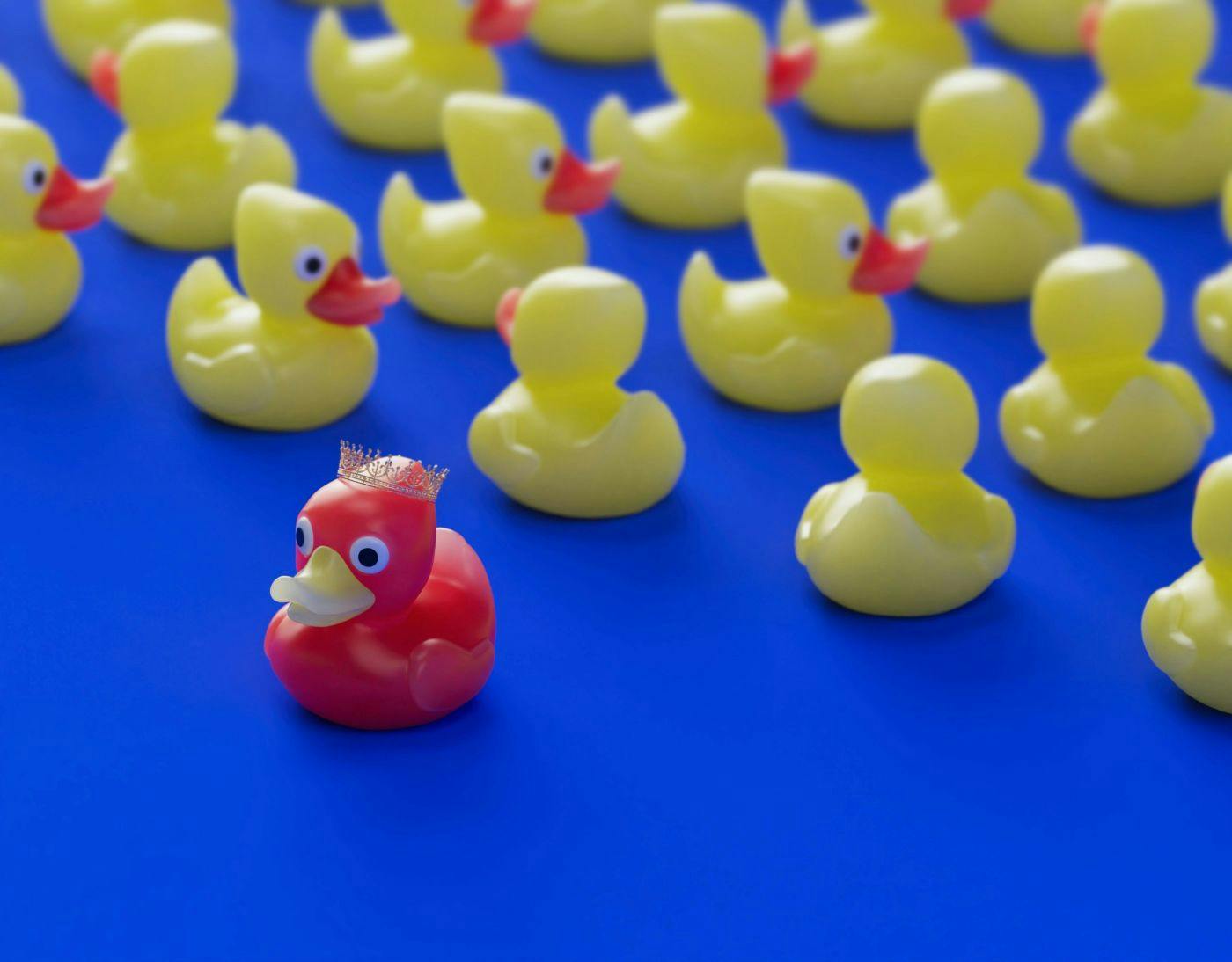 A red rubber duck with a crown among yellow rubber ducks