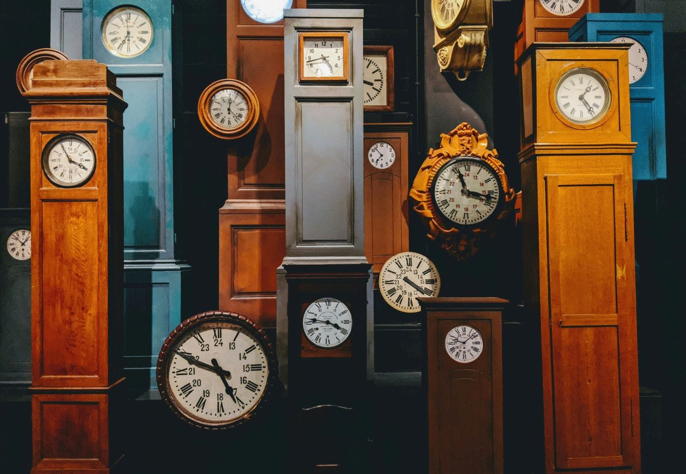 Many clocks , wall and free standing