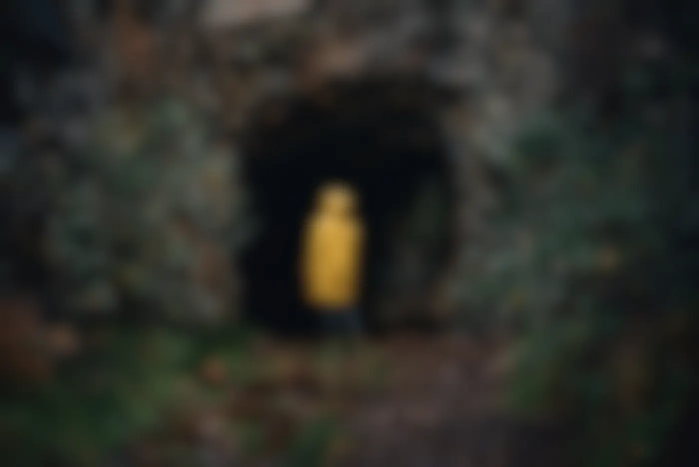 A person in a yellow rain slicker standing at the mouth of a dark cave