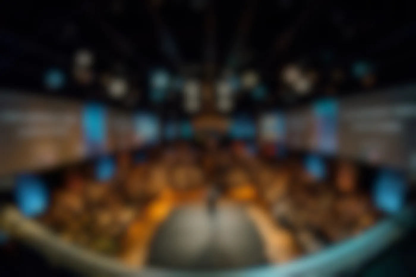 The audience pictured from behind a speaker