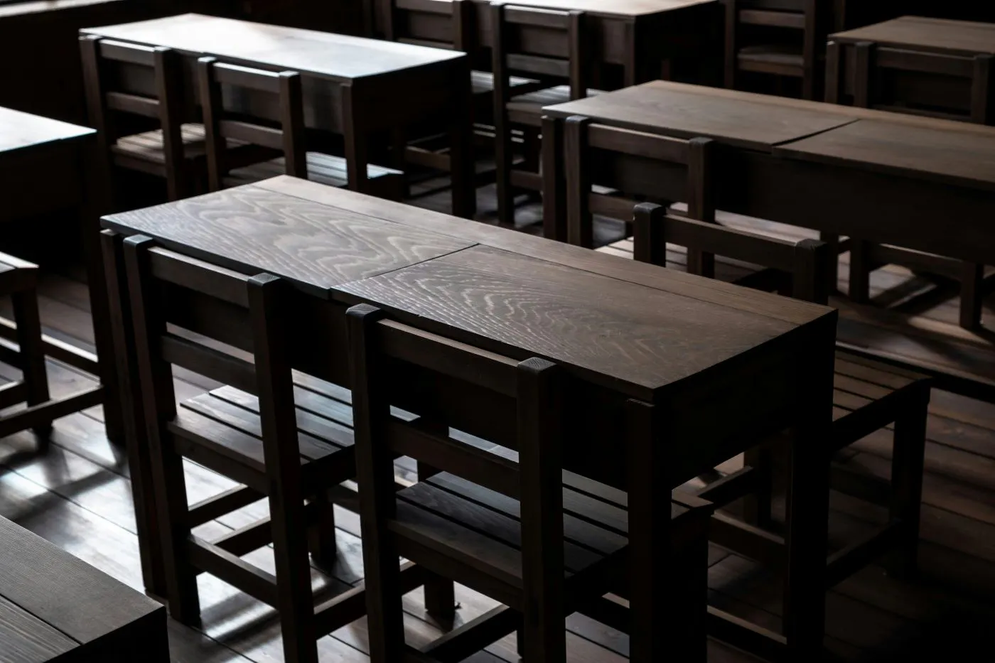 Brown wooden classroom desks
