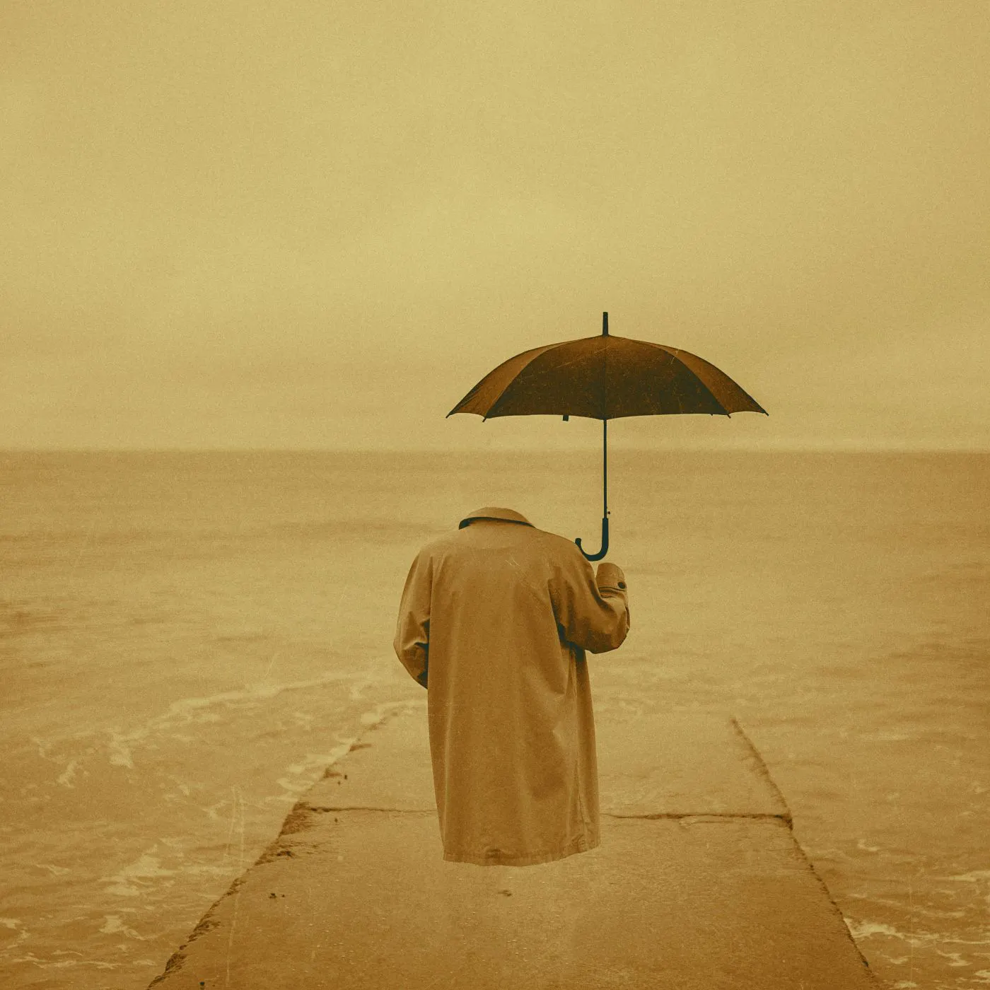 A coat and umbrella floating on a pier, the illusion of an invisible man