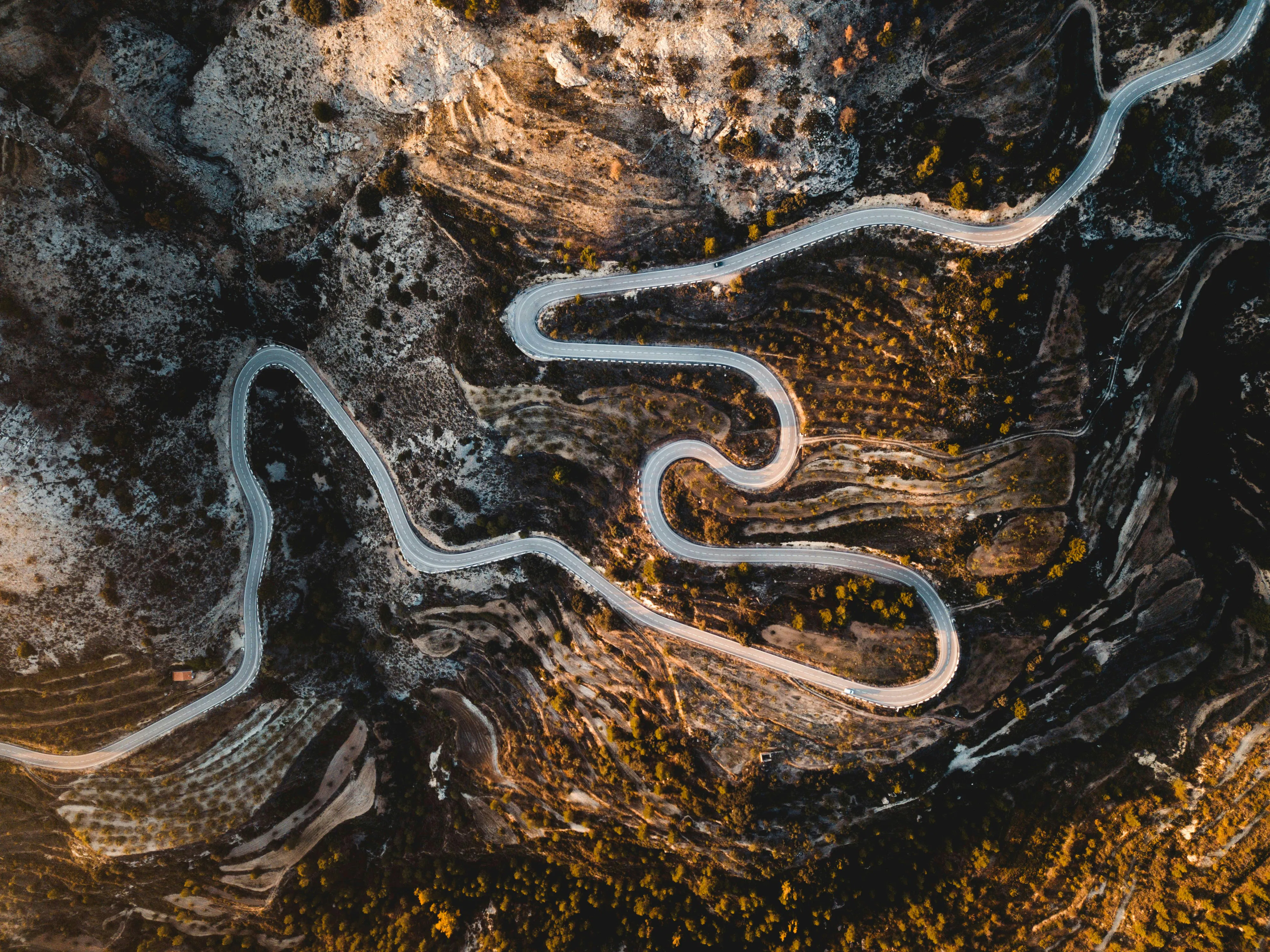 Ariel view of a very winding road