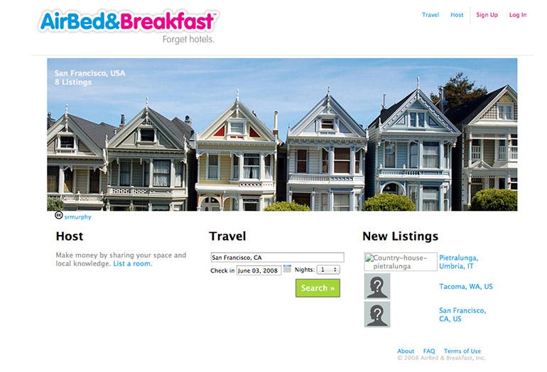 Screenshot of the first Airbnb homepage from 2008