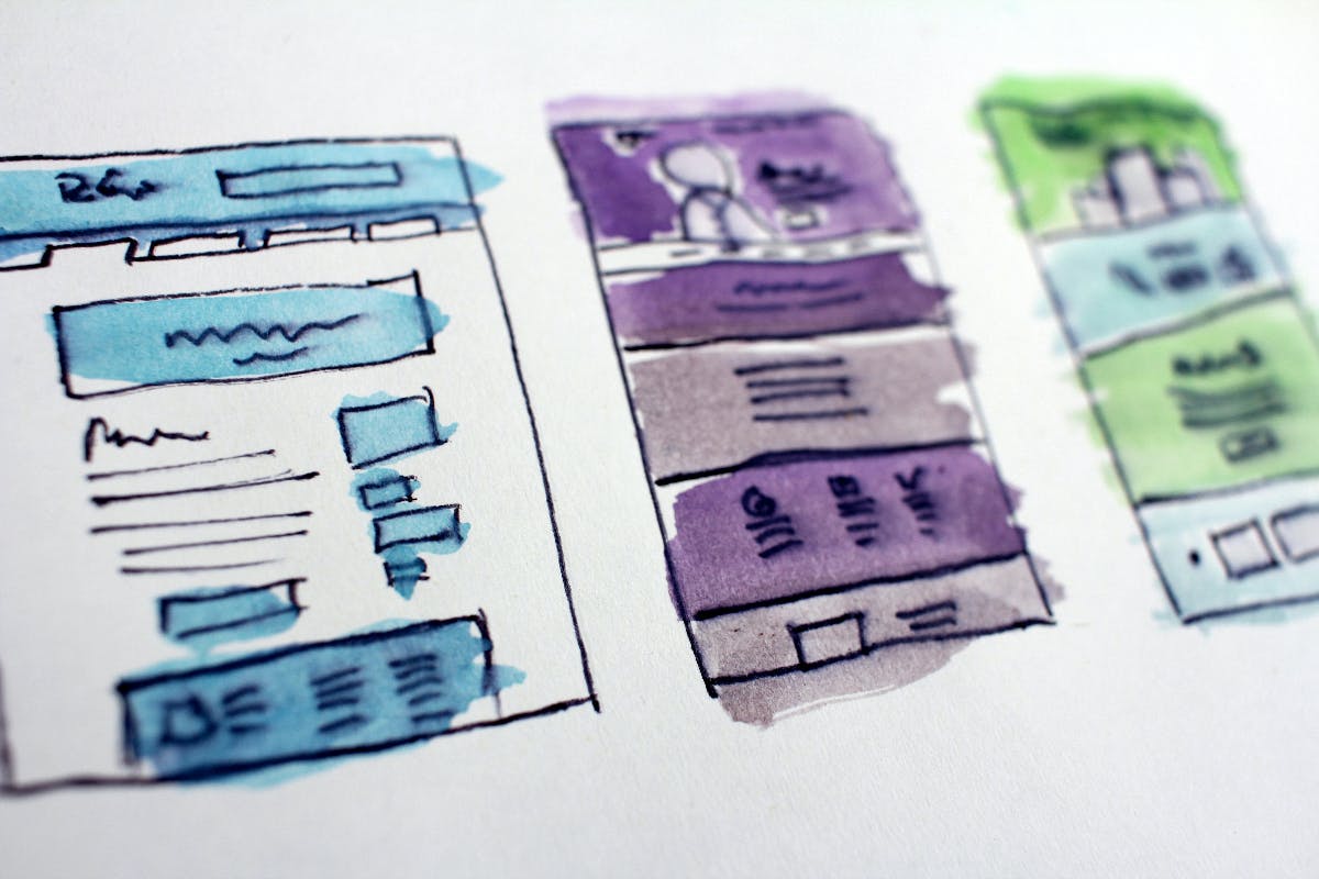 Pen and ink skteches of a marketing flow chart in blue, purple and green.