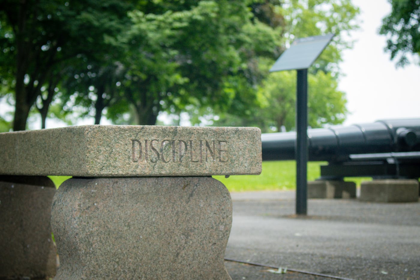 A stone bench with the word disciplibe carved on the edge