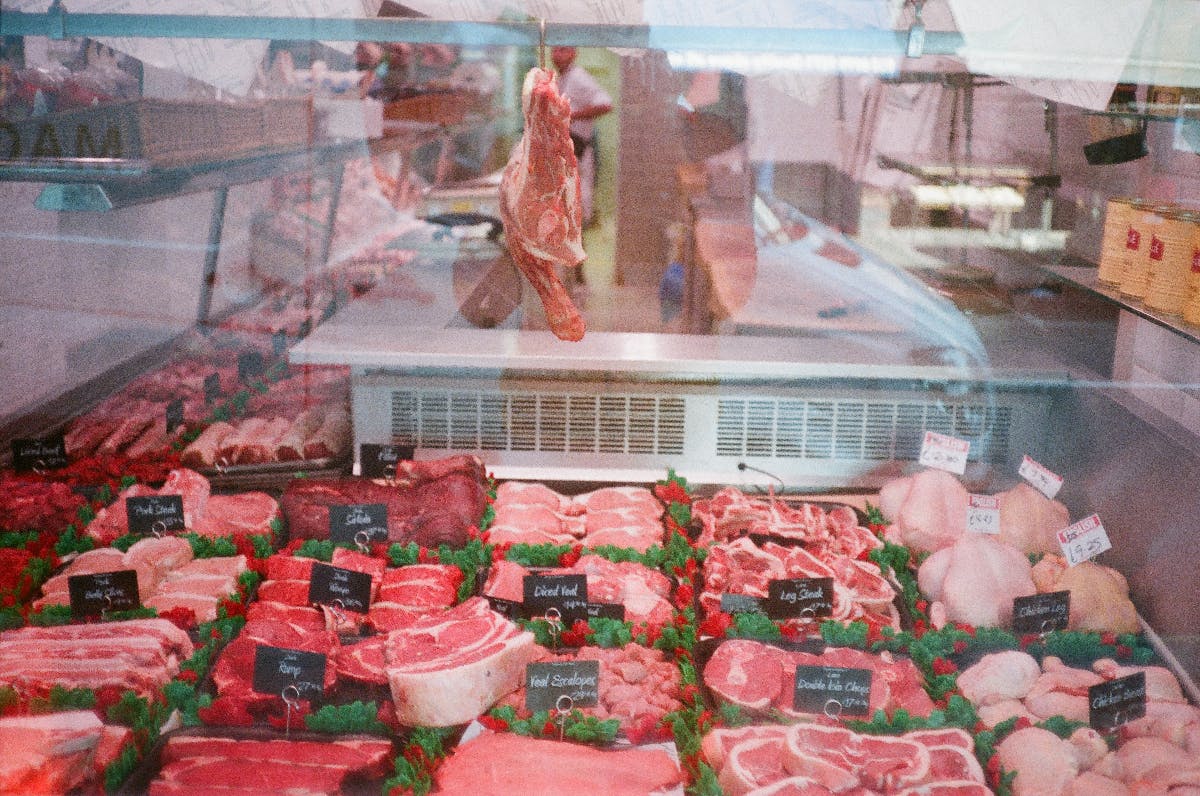 A meat case in a butcher shop.