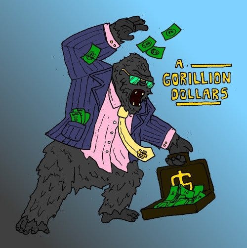 gorilla in suit throwing money out of suitcase