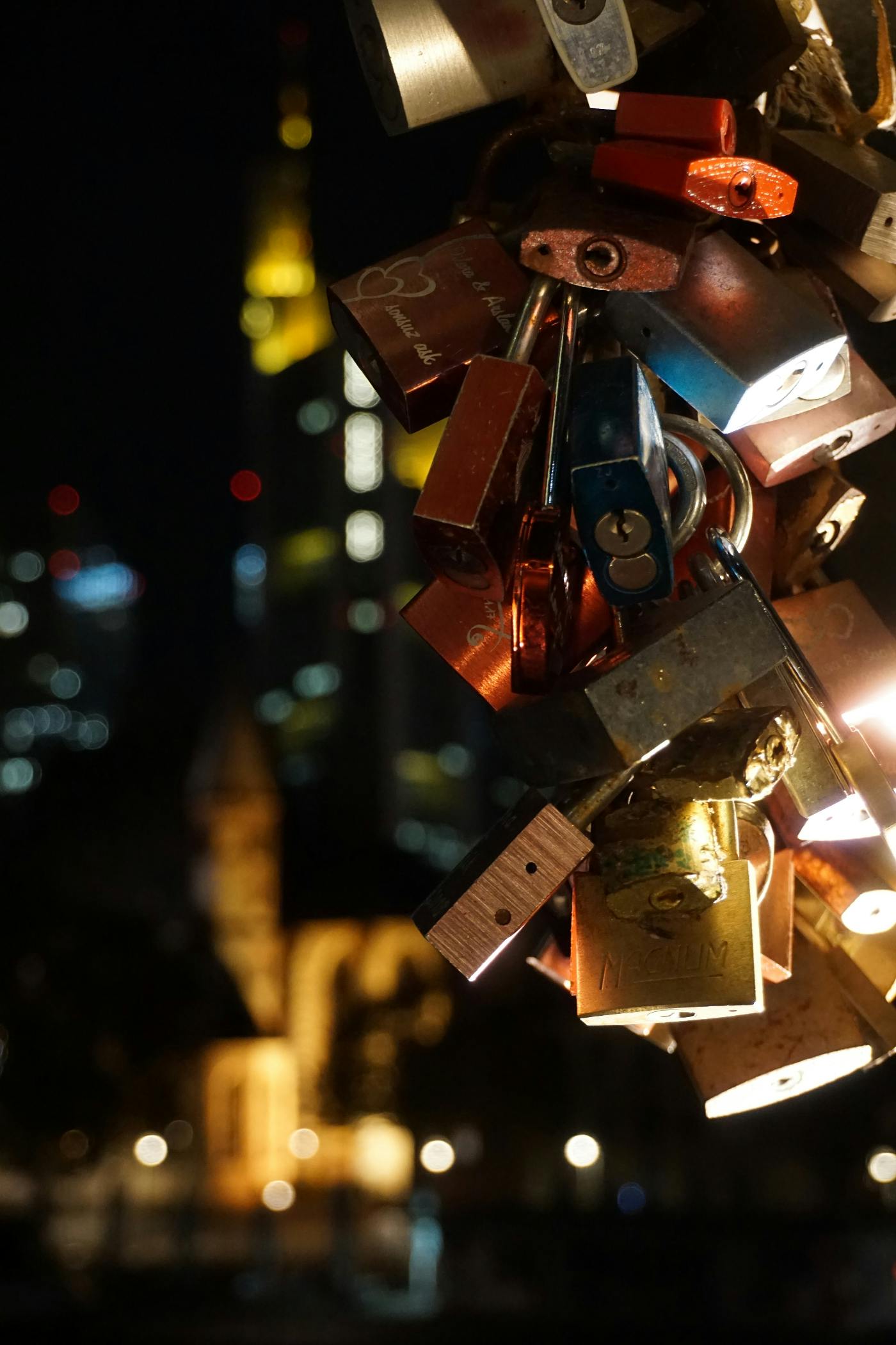 pad locks on a fence on a bridge in France.