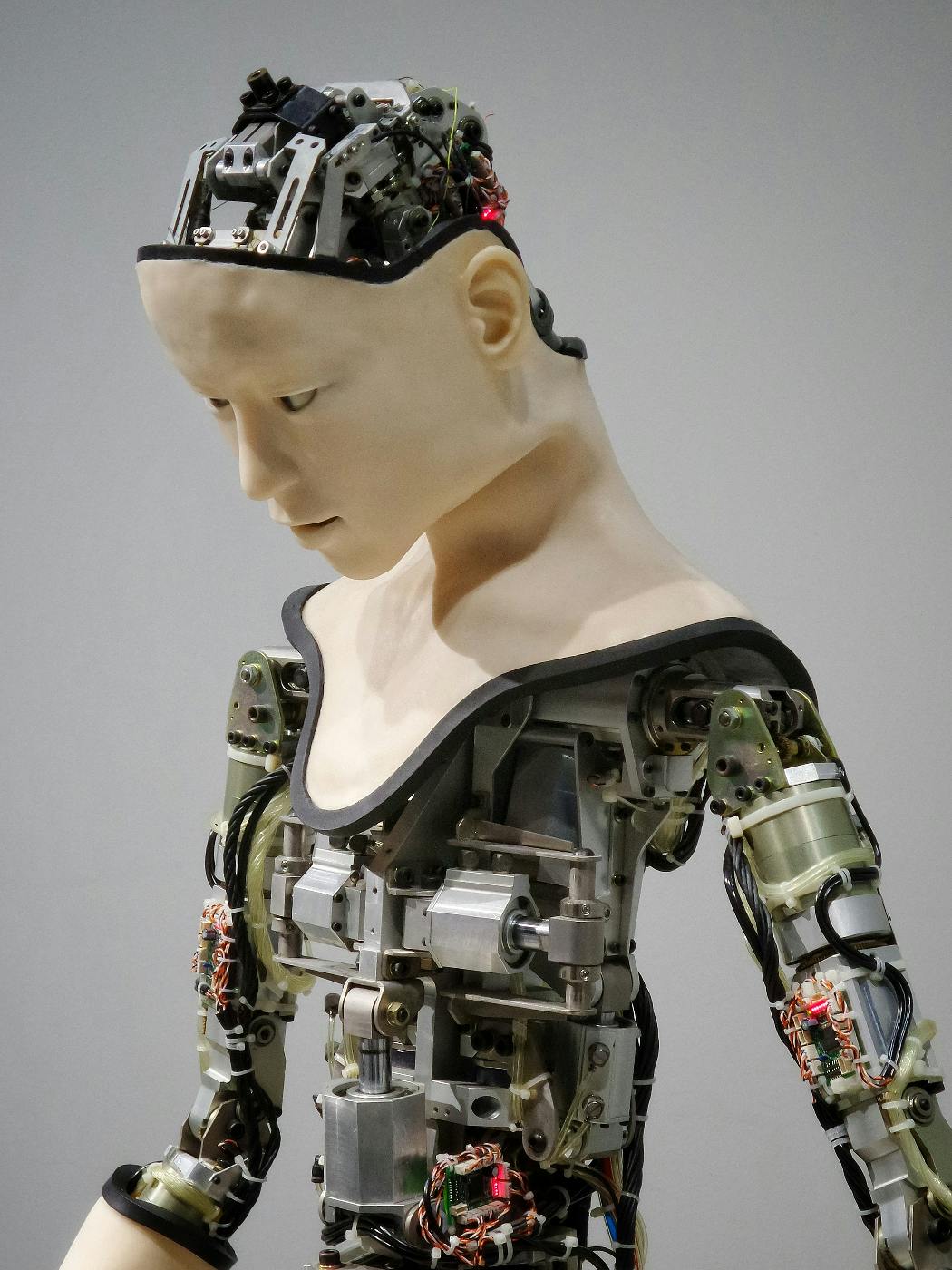 a robot with a human face, neck and shoulders