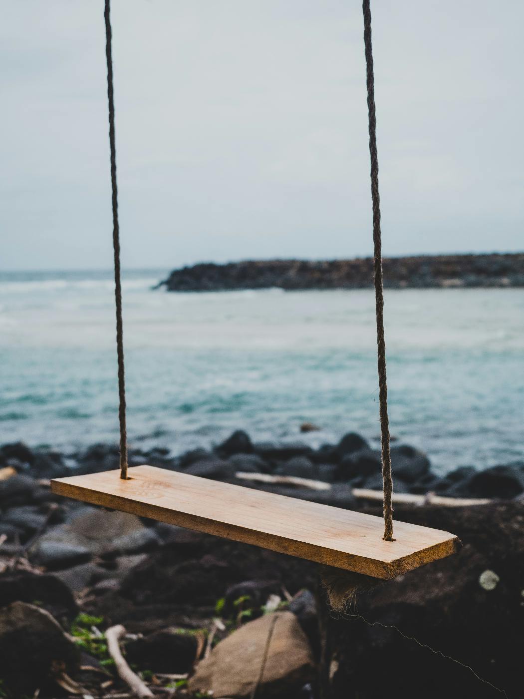 A wooden swing by the ocean