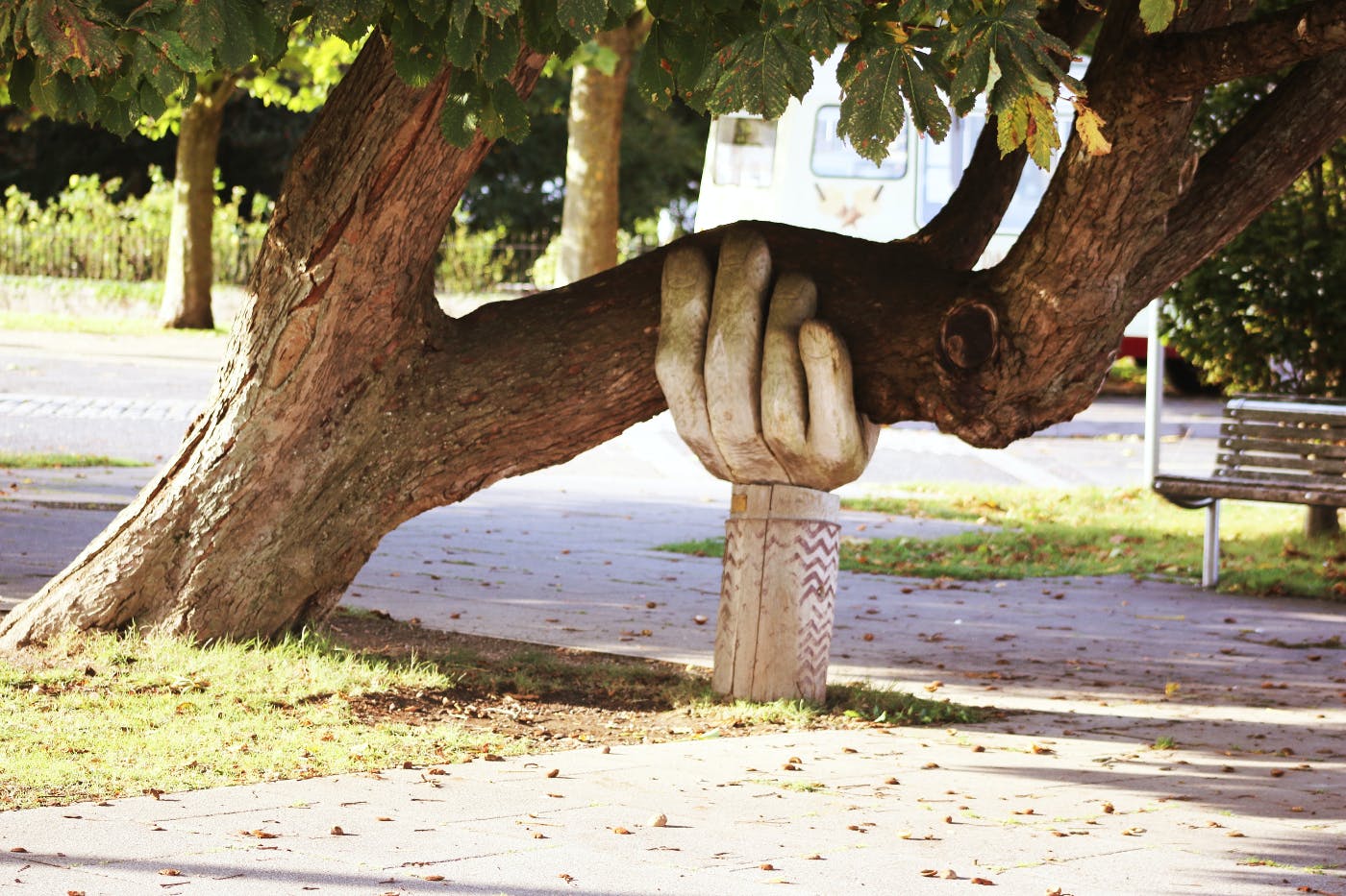 a leaning tree with a wood carved hand holding it off the ground