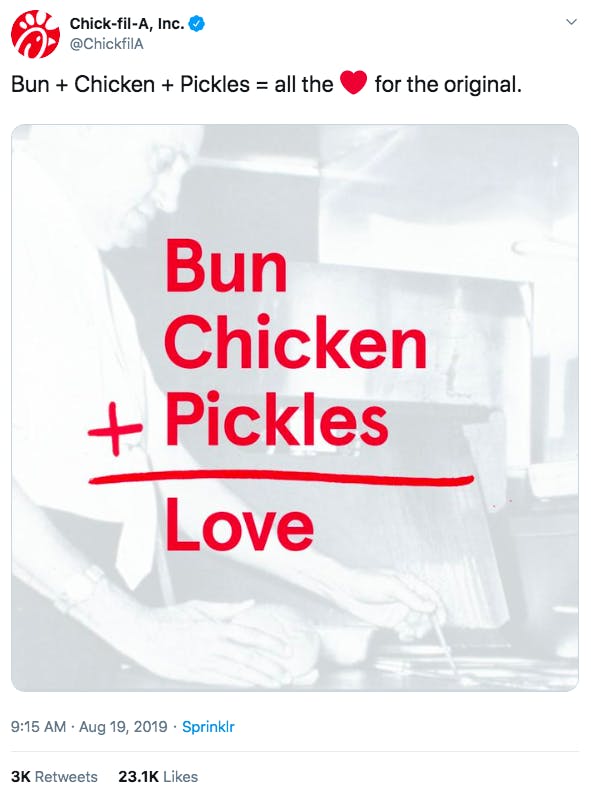 tweet from chik-fil-a reading Bun + Chicken + Pickles = all the ❤️ for the original.
