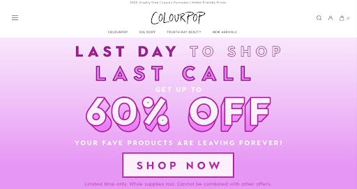 colour pop 60% landing page