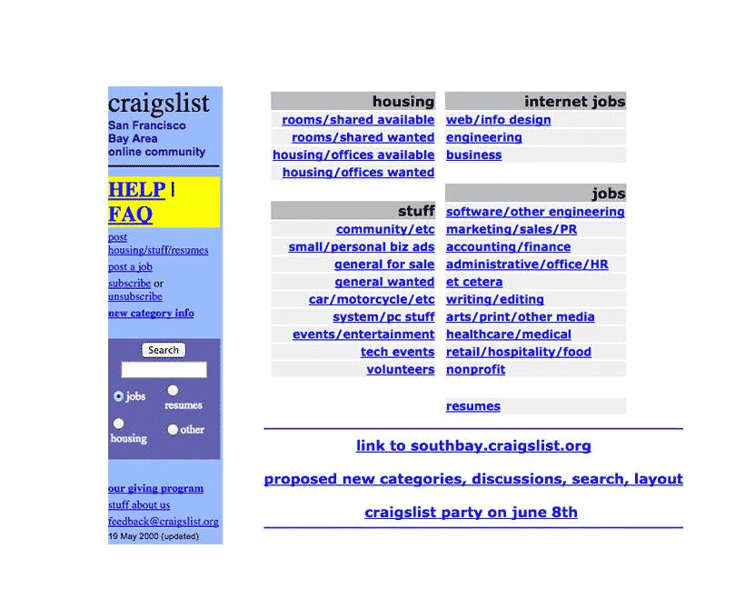 Homepage of Craigslist from 1995