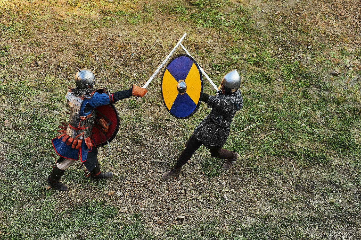 Two knights in a sword fight