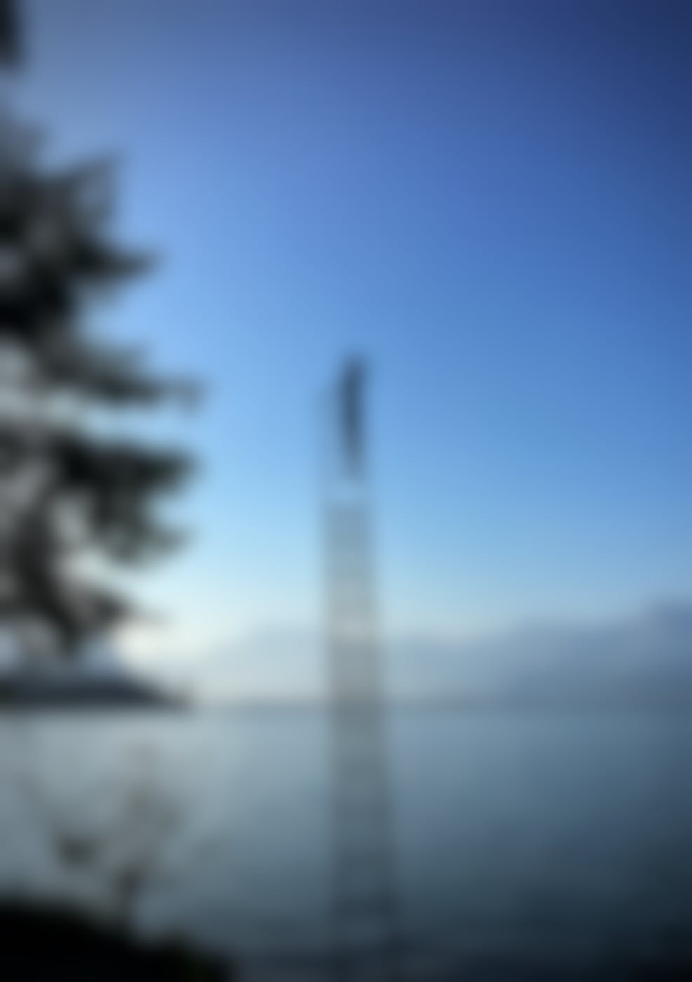 A child on top of a free standing ladder looking out over the ocean.