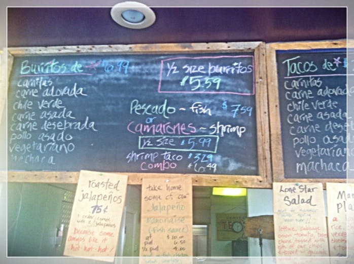 chalkboard menu at Dos Taquerias