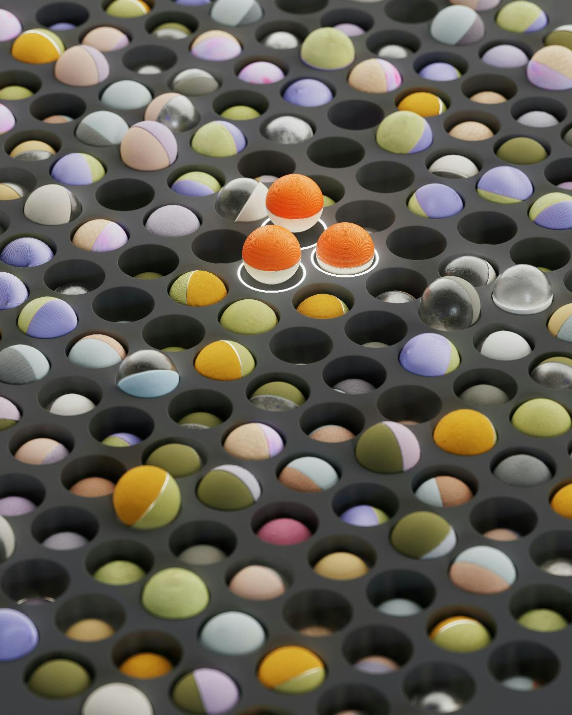 Thousands of two colored balls in small holes