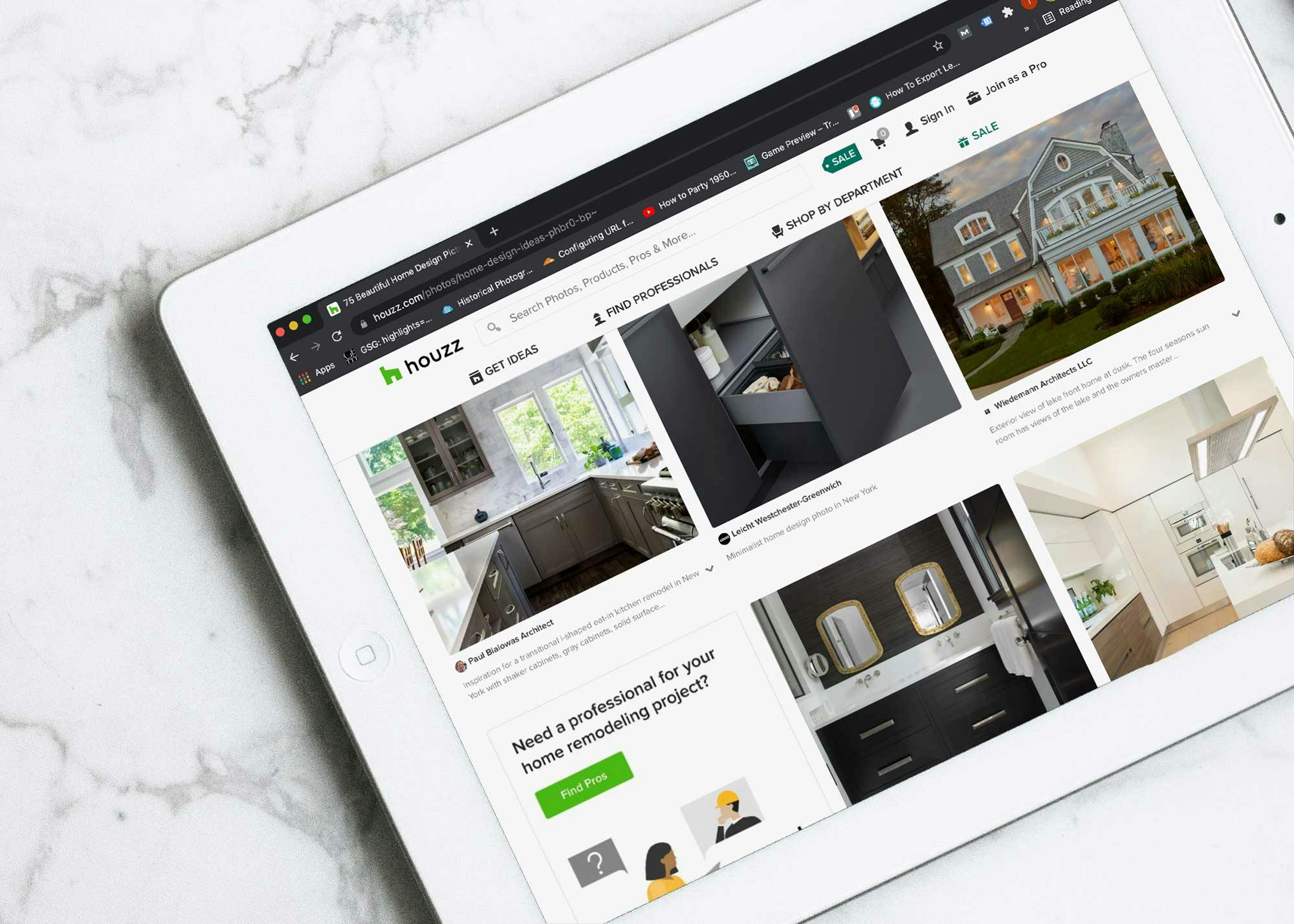 Houzz interior design social media platform showing on a tablet