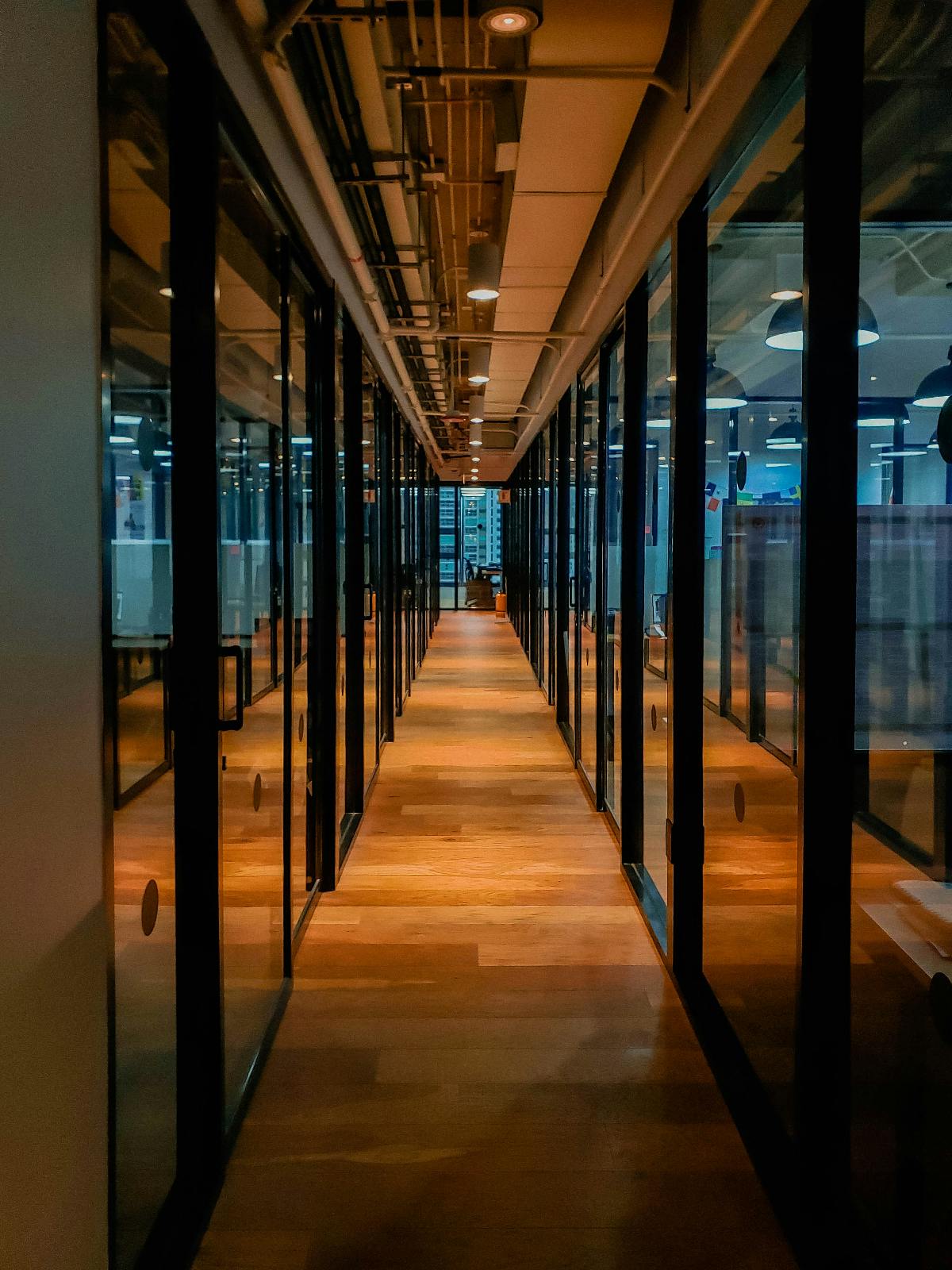 Long hallways with glass doors left and right and wood floor