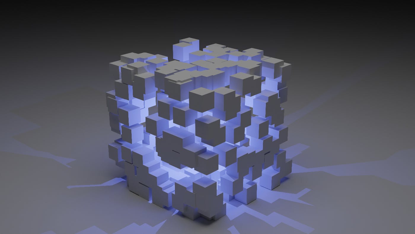 a 3D image of a cube made of cubes exploding