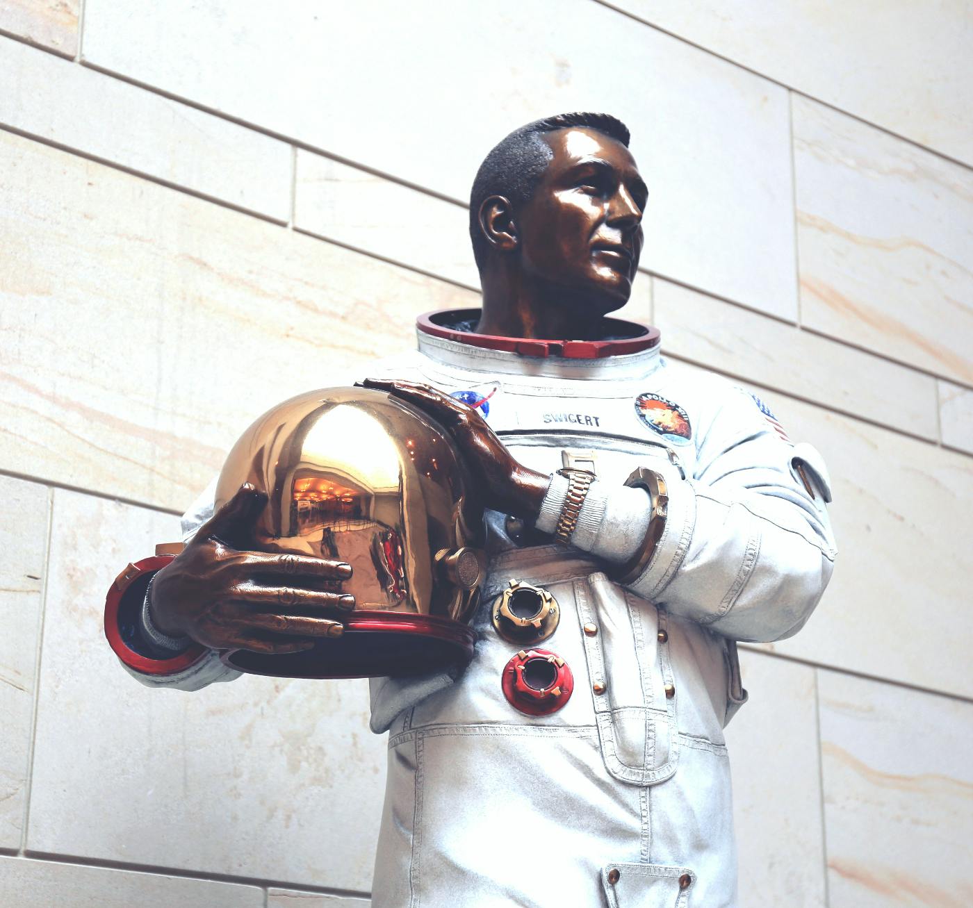 A statue of Atronaut Jack Swigert in his space suit