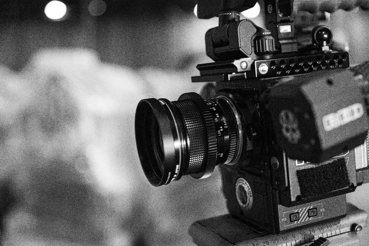black and white image of a  video camera
